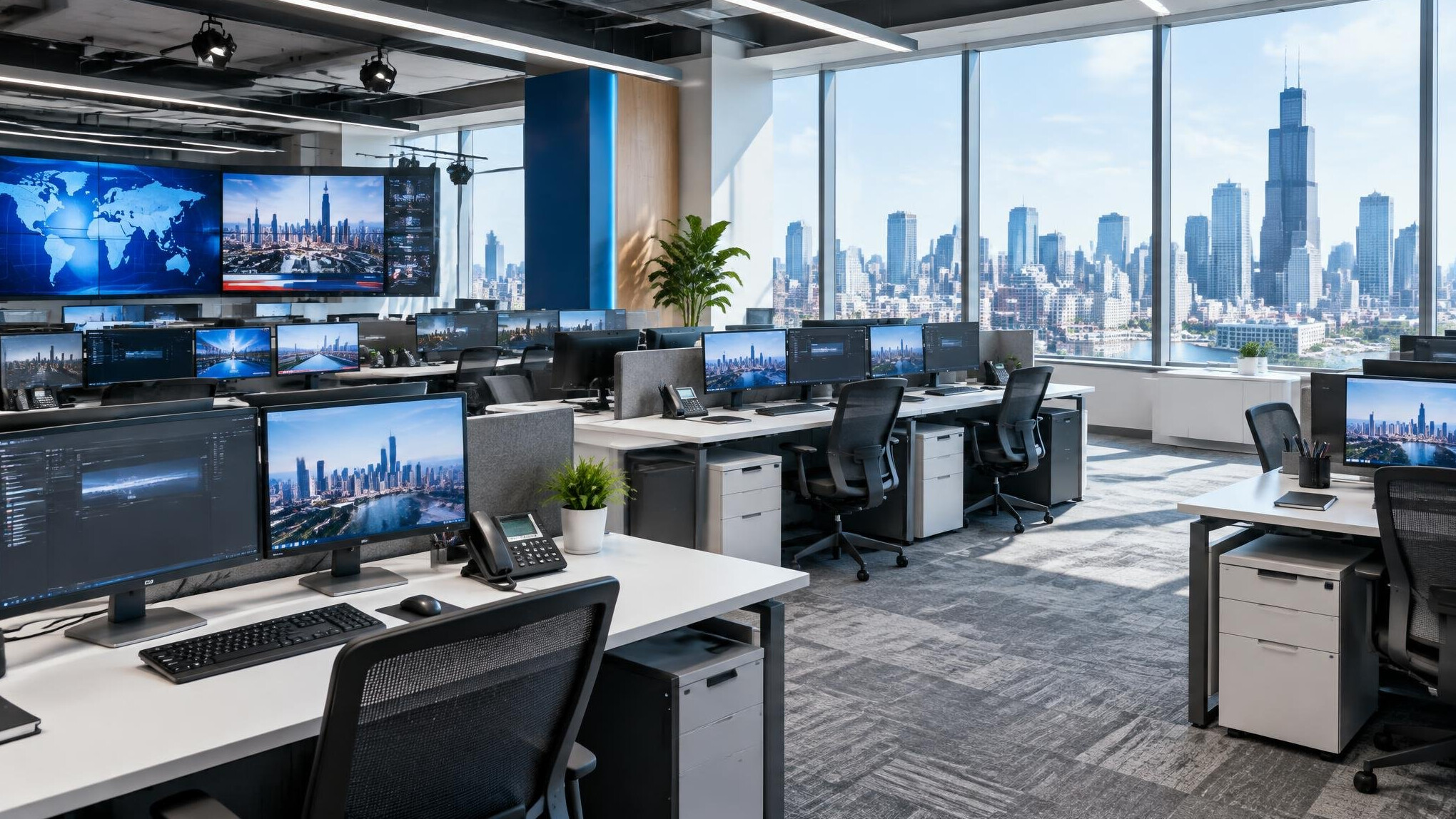 Modern newsroom office with desks and city view
