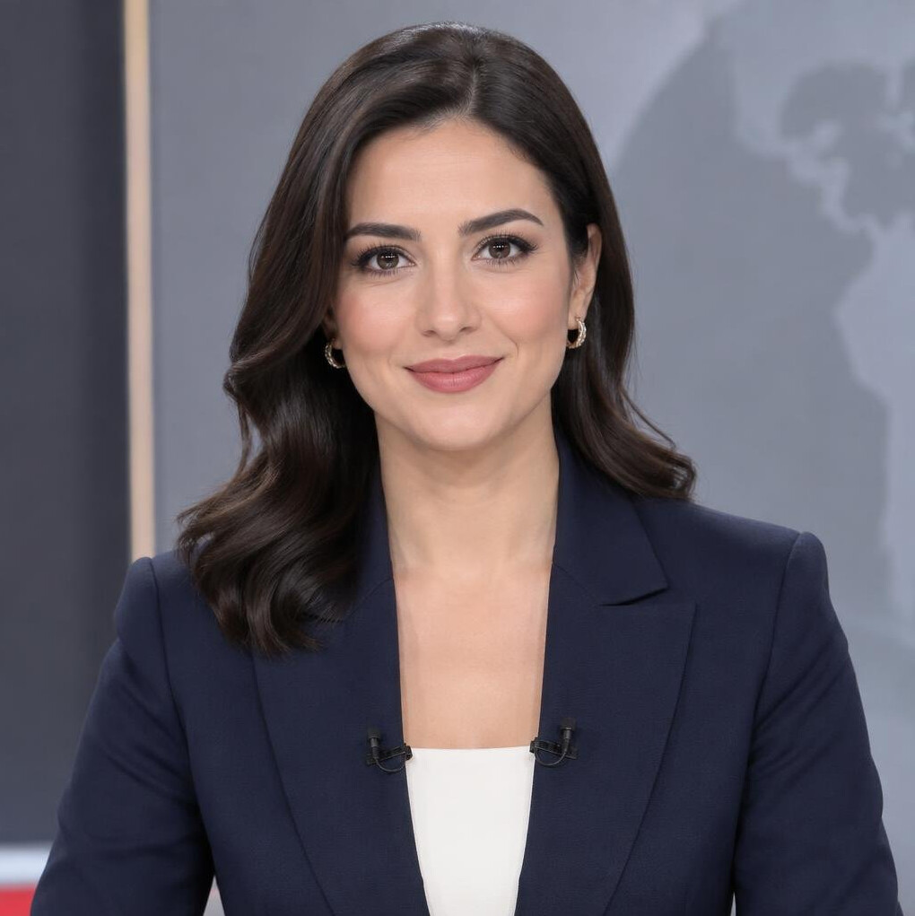Turkish female TV news anchor smiling in studio
